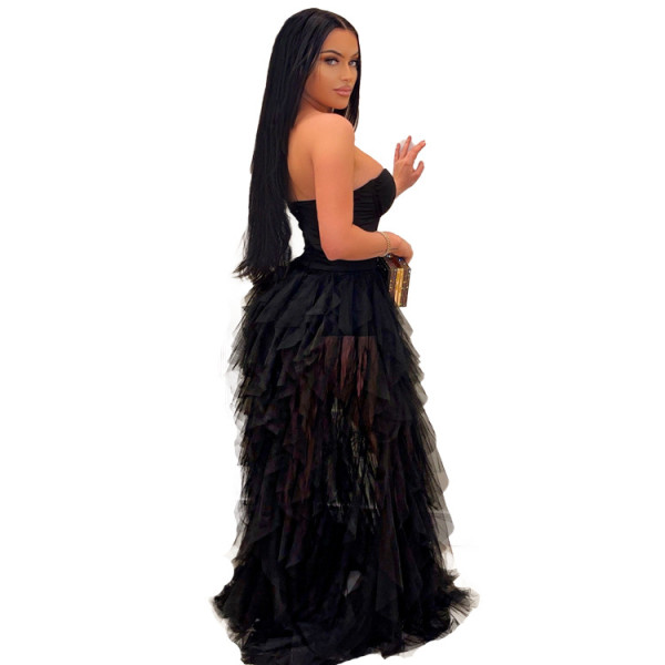 Two-piece sexy dress dress fat sister black solid color mesh