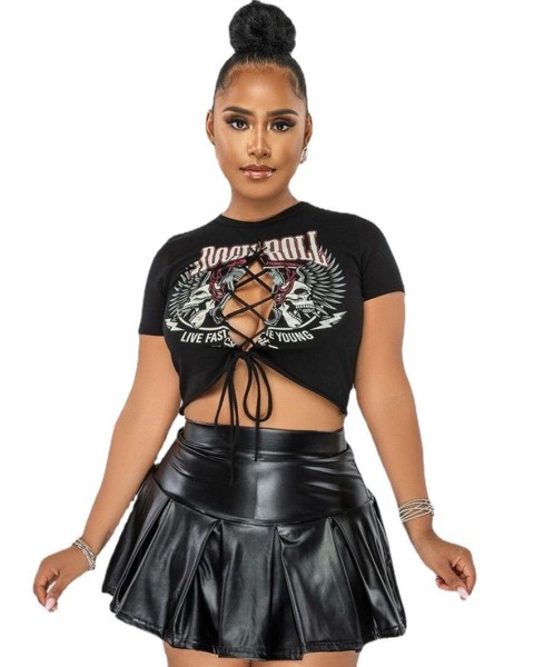 Printed T-Shirt Pleated Leather Skirt Two Piece Set