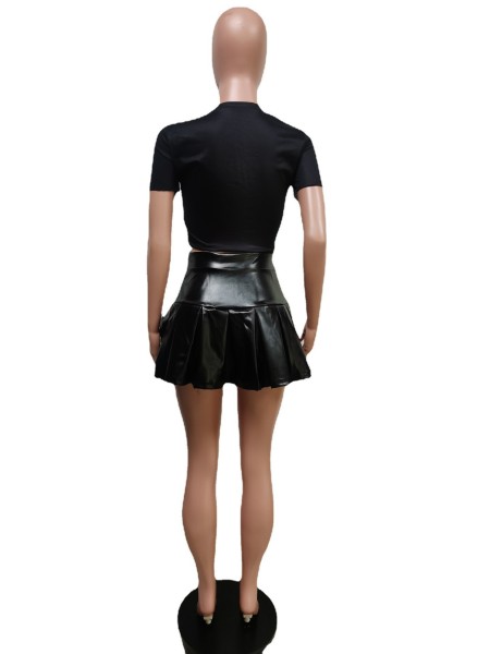 Printed T-Shirt Pleated Leather Skirt Two Piece Set
