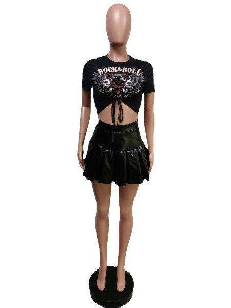 Printed T-Shirt Pleated Leather Skirt Two Piece Set