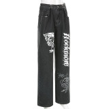 Personality letter print jeans street casual slim loose high waist trousers