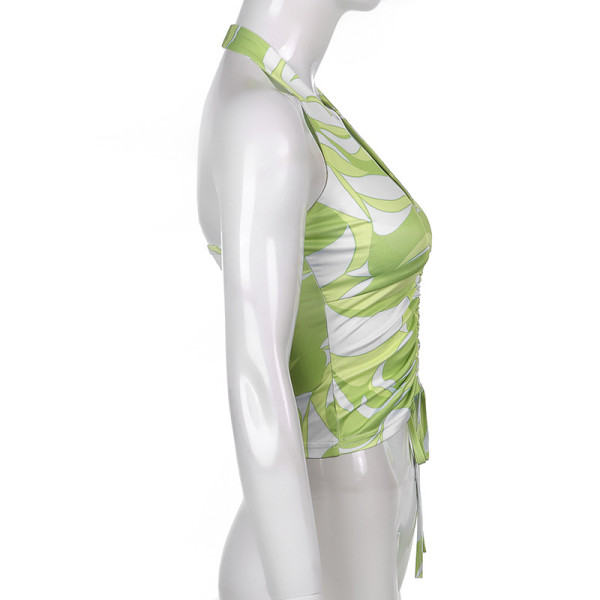 Women's spring and summer fashion new pleated lace-up print sexy backless halter neck short vest