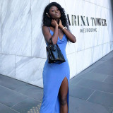 Solid Color Sling Sleeveless Low Cut High Waist Pleated Long Dress