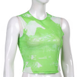 Net red trendy people with the same mesh mesh cool breathable T-shirt round neck sleeveless printing contrast color slim hot girl top