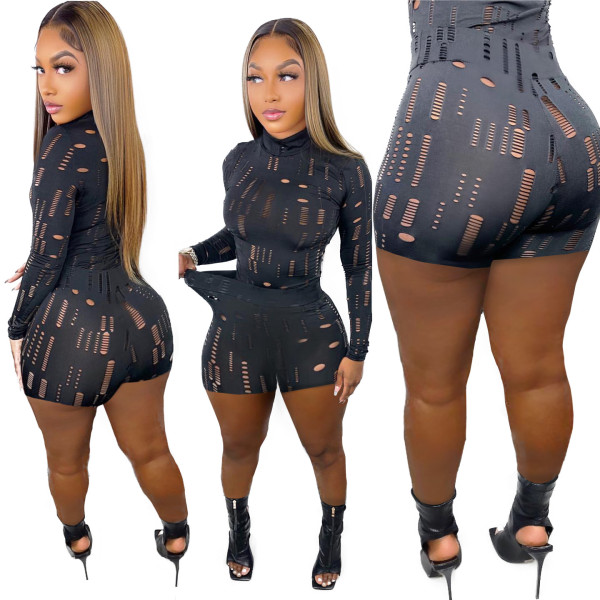 Women's Elastic Shredded Turtleneck Long Sleeve Top Pennies Set