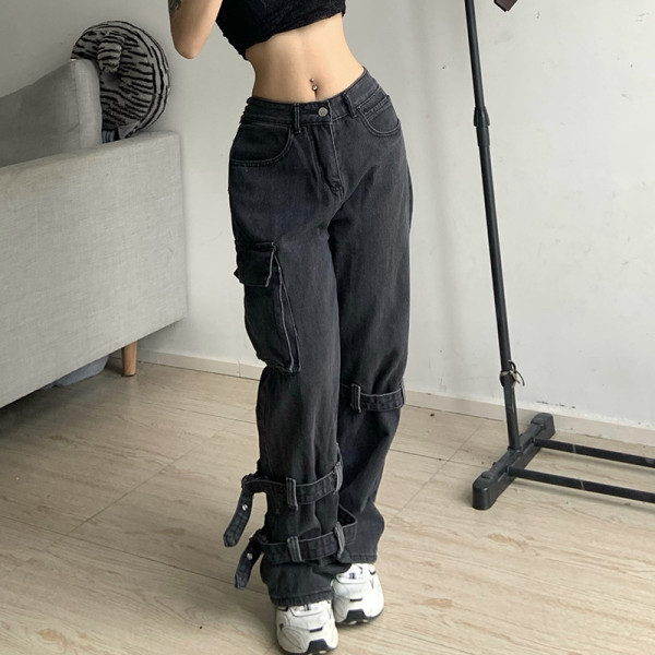 High Waist Straight Jeans Irregular Tie Pocket Cargo Pants