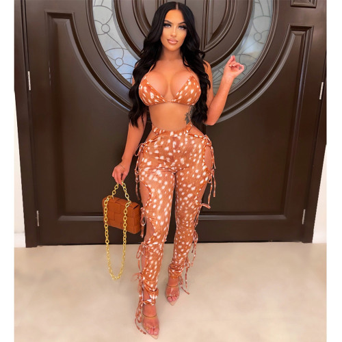 Spring/Summer Print Personality Lace-up Hollow Two-piece Set