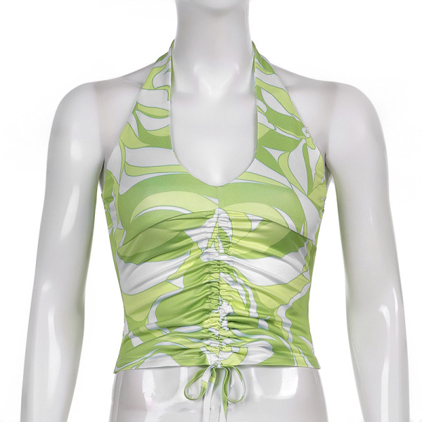 Women's spring and summer fashion new pleated lace-up print sexy backless halter neck short vest