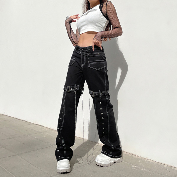 Personality Street Hot Girl Chain Design Jeans Straight Pocket Trousers