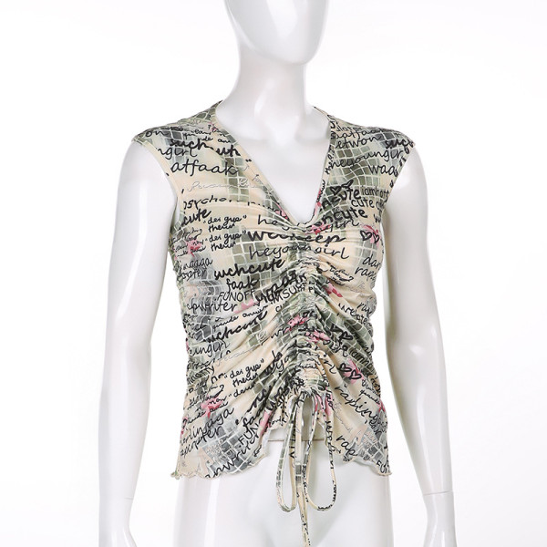 Resort style retro fashion letter print V-neck ruffled drawstring T-shirt new cropped irregular top
