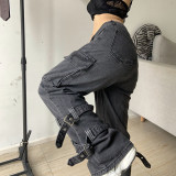 High Waist Straight Jeans Irregular Tie Pocket Cargo Pants