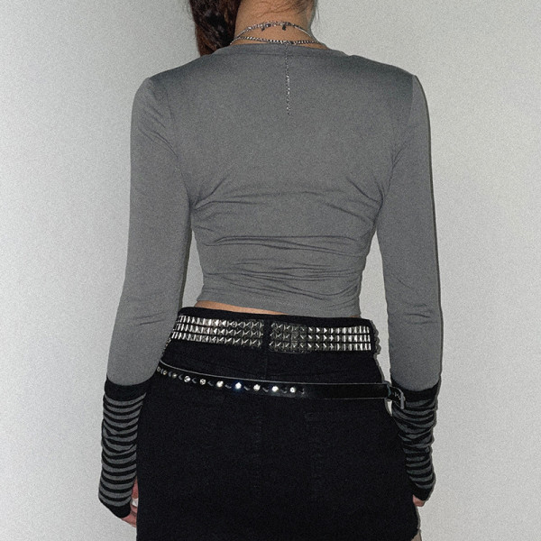 Sexy Skinny Women's Retro Print Hot Drill Long Sleeve Cropped Navel T-Shirt Bottoming Top