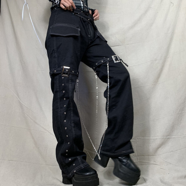 Personality Street Hot Girl Chain Design Jeans Straight Pocket Trousers