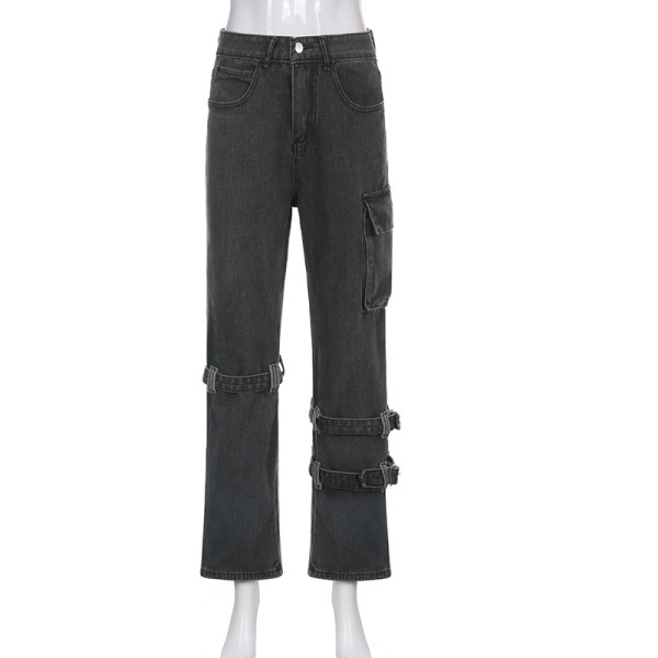 High Waist Straight Jeans Irregular Tie Pocket Cargo Pants