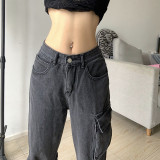 High Waist Straight Jeans Irregular Tie Pocket Cargo Pants