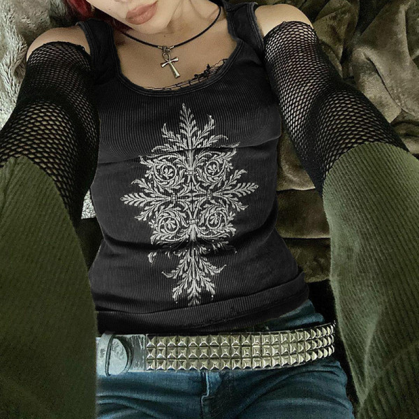 Vintage distressed personalized printed vest bottoming tight sexy top
