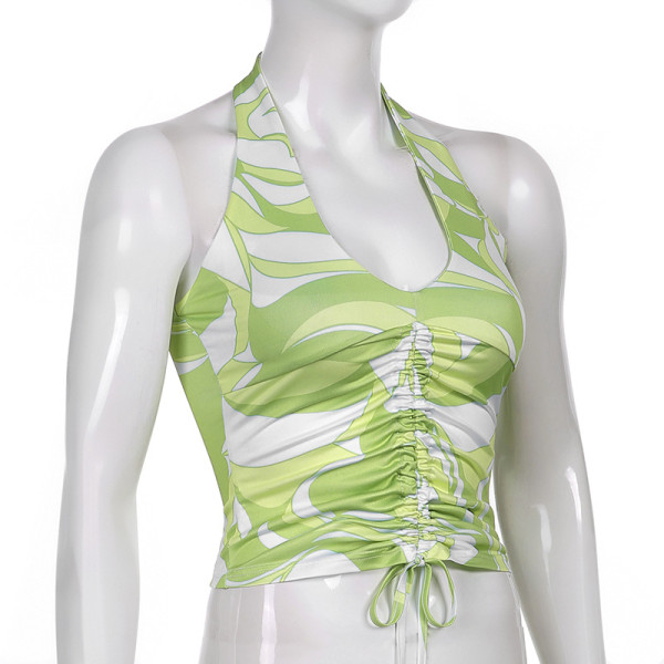 Women's spring and summer fashion new pleated lace-up print sexy backless halter neck short vest