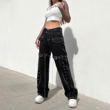 Personality Street Hot Girl Chain Design Jeans Straight Pocket Trousers