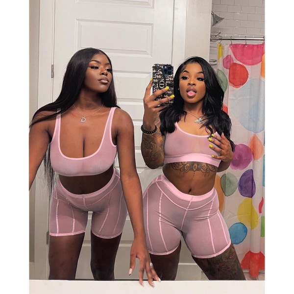 Mesh vest shorts suit nightclub style perspective sexy two-piece women's