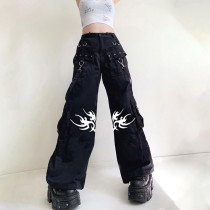 Printed Dark Woven Pants Street Hip Hop Streamers Wide Leg Pants Casual Pocket Trousers Women Printed Dark Woven Pants Street Hip Hop Streamers Wide Leg Pants Casual Pocket Trousers Women