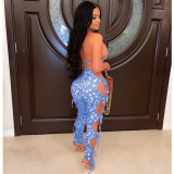 Spring/Summer Print Personality Lace-up Hollow Two-piece Set