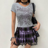 Retro Spice Girls Spring Sexy Slim Fit Rose Wings Print Ribbed Short Sleeve T-Shirt