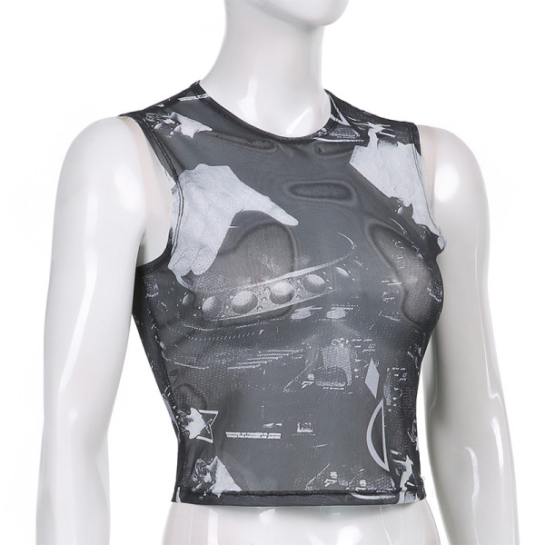 Net red trendy people with the same mesh mesh cool breathable T-shirt round neck sleeveless printing contrast color slim hot girl top