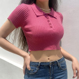Slim Fit Cropped Sweater New Single Breasted Vintage POLO Collar Crop Top T-Shirt
