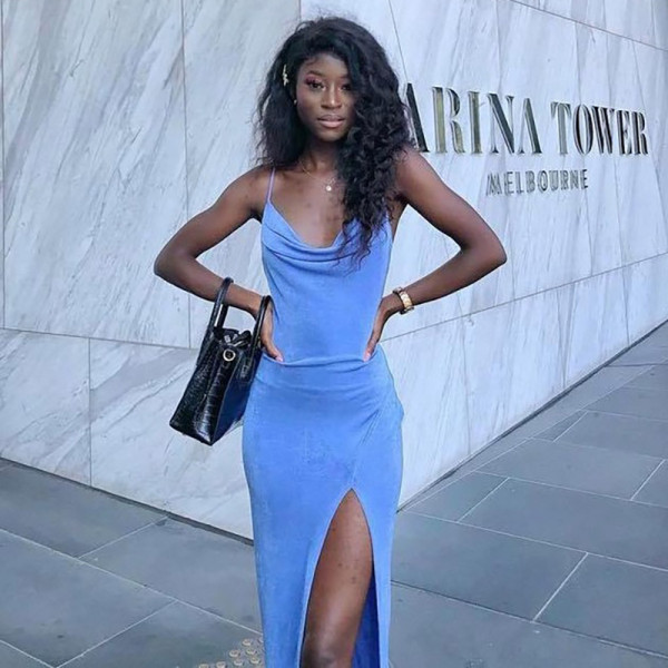 Solid Color Sling Sleeveless Low Cut High Waist Pleated Long Dress