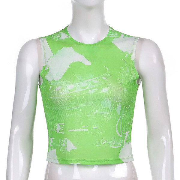 Net red trendy people with the same mesh mesh cool breathable T-shirt round neck sleeveless printing contrast color slim hot girl top