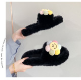 Cotton slippers women wear cute cartoon Baotou spring and autumn flat bottom one word casual thick bottom fur slippers