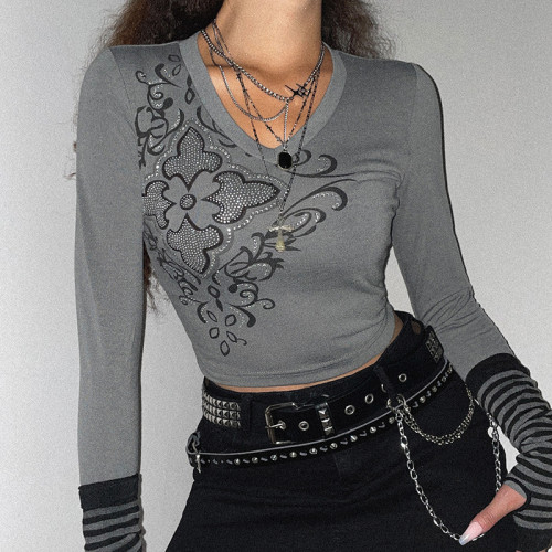 Sexy Skinny Women's Retro Print Hot Drill Long Sleeve Cropped Navel T-Shirt Bottoming Top