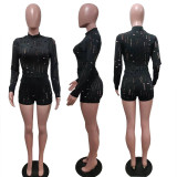 Women's Elastic Shredded Turtleneck Long Sleeve Top Pennies Set