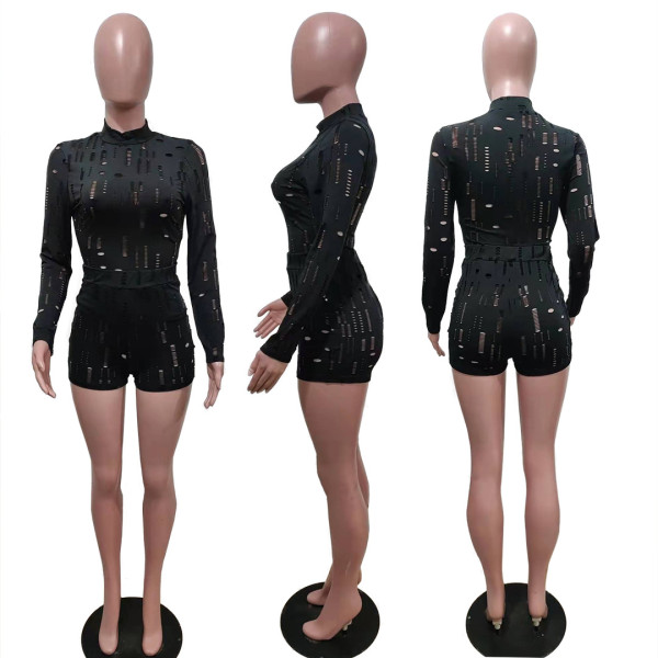 Women's Elastic Shredded Turtleneck Long Sleeve Top Pennies Set