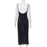 Solid Color Sling Sleeveless Low Cut High Waist Pleated Long Dress