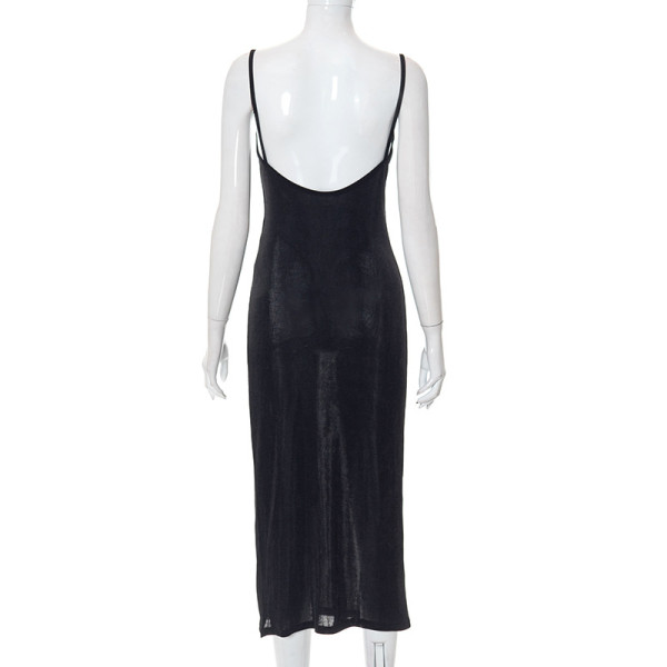 Solid Color Sling Sleeveless Low Cut High Waist Pleated Long Dress
