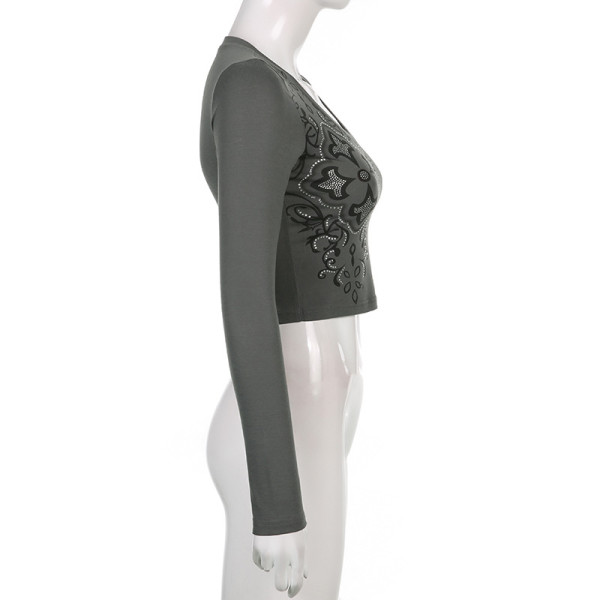 Sexy Skinny Women's Retro Print Hot Drill Long Sleeve Cropped Navel T-Shirt Bottoming Top
