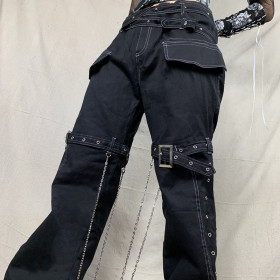Personality Street Hot Girl Chain Design Jeans Straight Pocket Trousers