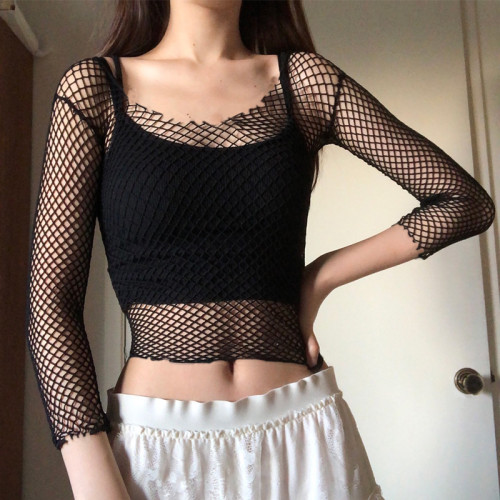 Sexy hollow mesh one-shoulder top hipster tight-fitting long-sleeved blouse