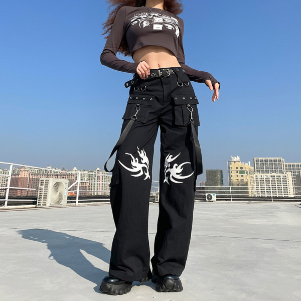 Printed Dark Woven Pants Street Hip Hop Streamers Wide Leg Pants Casual Pocket Trousers Women