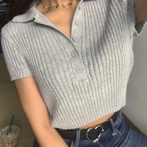 Slim Fit Cropped Sweater New Single Breasted Vintage POLO Collar Crop Top T-Shirt