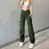 Street Style Dark Green High Waist Adjustable Buckle Tooling Jeans Straight Casual Trousers Street Style Dark Green High Waist Adjustable Buckle Tooling Jeans Straight Casual Trousers