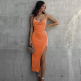 Solid Color Sling Sleeveless Low Cut High Waist Pleated Long Dress