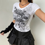 Retro Spice Girls Spring Sexy Slim Fit Rose Wings Print Ribbed Short Sleeve T-Shirt
