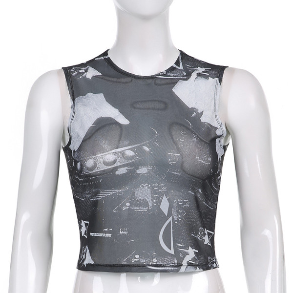 Net red trendy people with the same mesh mesh cool breathable T-shirt round neck sleeveless printing contrast color slim hot girl top