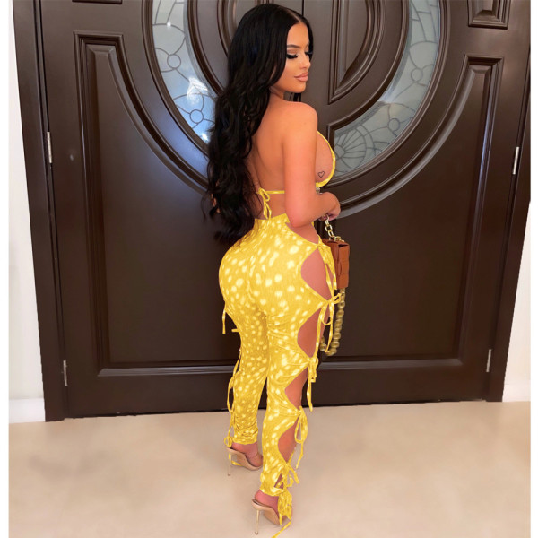 Spring/Summer Print Personality Lace-up Hollow Two-piece Set