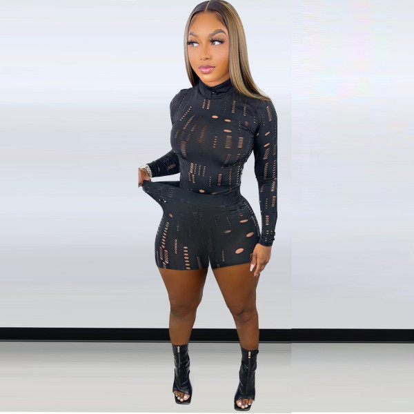 Women's Elastic Shredded Turtleneck Long Sleeve Top Pennies Set
