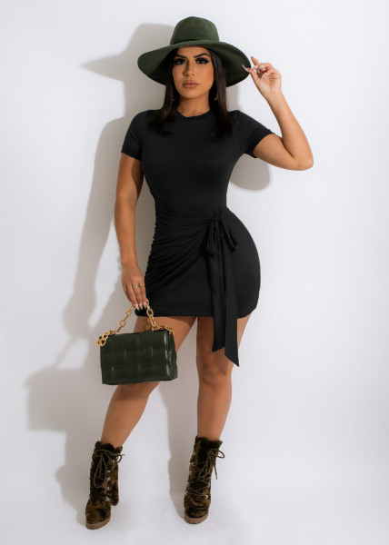 Ladies Solid Color Dress Casual Party T-Shirt Skirt Gathered Strap Sexy Short Skirt