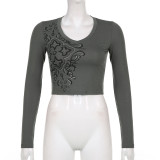 Sexy Skinny Women's Retro Print Hot Drill Long Sleeve Cropped Navel T-Shirt Bottoming Top