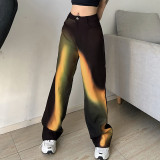 Fashion Women's Gradient Rainbow Color Printing High Waist Straight Loose Trendy Casual Pants Daddy Pants